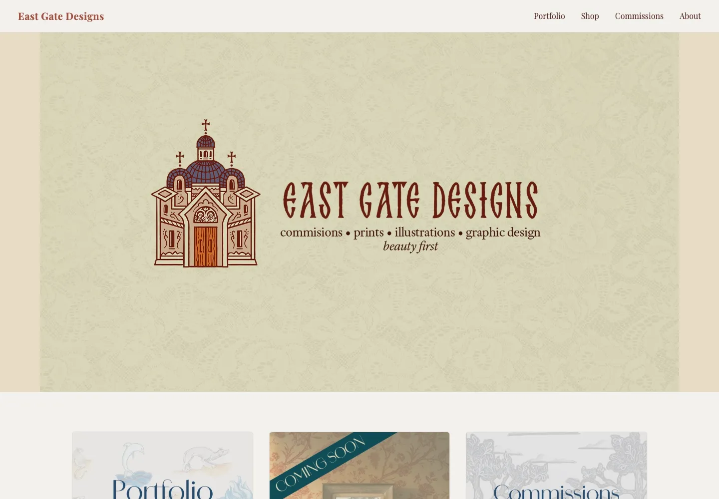 East Gate Designs homepage with the studio logo and links to the portfolio, shop and commissions.