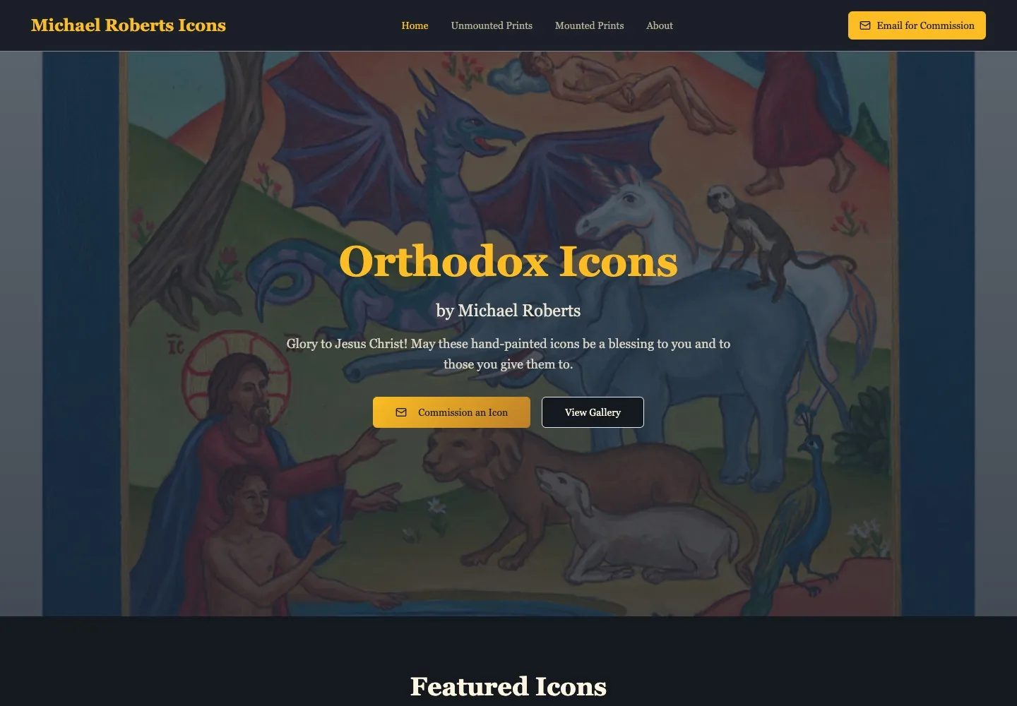 Michael Roberts Icons homepage with featured hand-painted Orthodox icons.